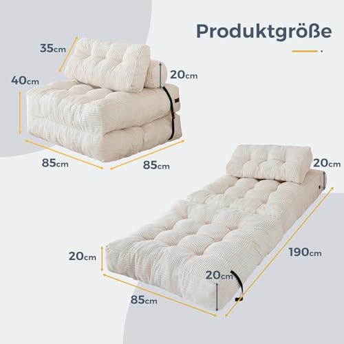 MAXYOYO Faltbares Schlafsofa umwandelbarer Schlafsessel mit Kissen, Matratze mit Rückenstütze, tragbarer Stuhl-Bett-Komfortable Bodensofa-Lounge für Wohnzimmer Schlafzimmer, Beige