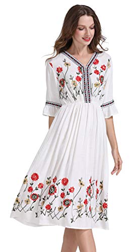 Image of Shineflow Women's Short Sleeve Mexican Embroidered Floral Pleated Midi A-line Cocktail Dress
