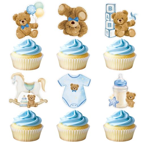 36Pcs Cupcake Toppers Ourson Bleu – Décoration Gâteau Baby Shower Garçon, Cake Topper pour Baptême, Fête d’Anniversaire Bébé, Décoration Baby...