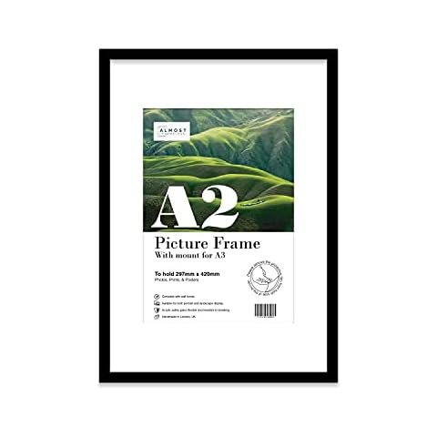 A2 Black Picture Frame With White Mount for A3 (29.7 x 42cm - 11.7 x 16.5in) Print, Photo, or Poster. Portrait and Horizontal Wall Hooks Cover