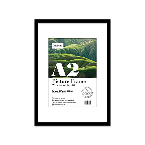 A2 Black Picture Frame With White Mount for A3 (29.7 x 42cm - 11.7 x 16.5in) Print, Photo, or Poster. Portrait and Horizontal Wall Hooks