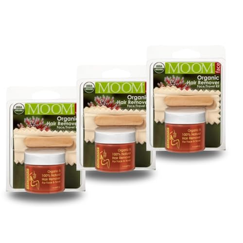 Image of MOOM Facial Sugar Wax Hair Removal Kit - Eyebrow & Lip - 1.6 oz (Pack of 3) | Travel Facial Hair Removal Kit with Aloe Vera, Tea Tree oil, 18 Reusable Wax Strips & 6 Applicator Sticks for Sensitive Skin