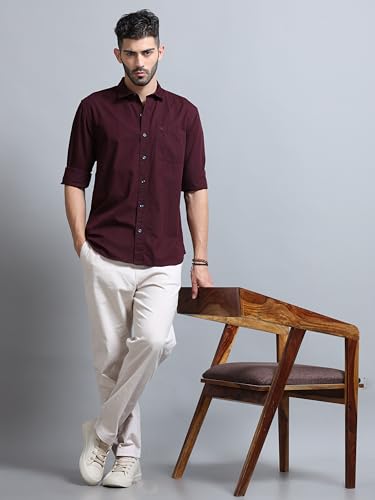 Image of Men Slim Fit Solid Spread Collar Casual Shirt