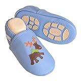  Liya\'s Hausschuhe Lederpuschen mit Teilgummisohle- #672 Elch in hellblau Gr. 33/34