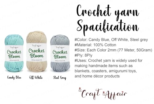 Image of Craft Affair | Crochet Bloom Cotton Yarn 8ply (Each Color 2mm, 77Meter, 50Gram) 100% Pure Cotton | for Knitting Yarn | Craft & DIY Project: Candy-Blue, Off White, Steel Grey