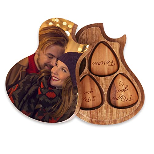 Personalisierte Custom Plektren，OXYEFEI Anpassbare Fotoauswahl Personalisierte Custom Holz Plektren mit Plektrum Box Case Holder Collector Custom Plektrum 3 Stück