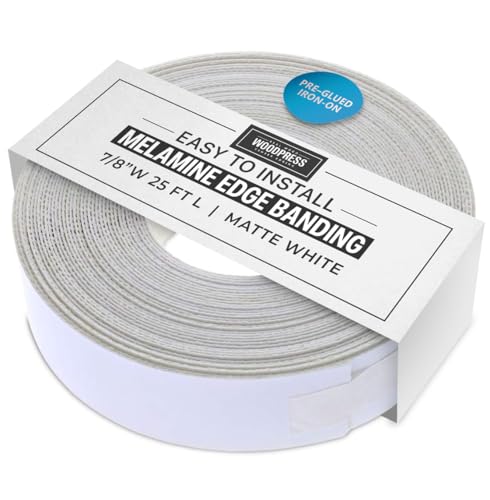 Image of WoodPress 7 /8 inch Matt White Melamine Edge Banding, Pre-Glued Veneer Tape - 25 ft Roll - Iron-On for Easy DIY Application - Will Cover The Edge of a Standard 8' x 4' MDF Panel