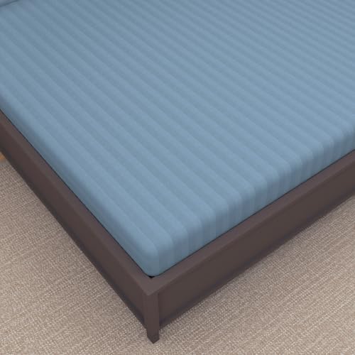 Image of Divine Casa Cotton 210 TC King Size Bedsheet Italian Stripe | Soft Comfortable Breathable Bed Sheet with 2 Pillow Covers | Premium Stripe Design Bedding Set | 275 x 275 cm (Jean Blue, Striped)