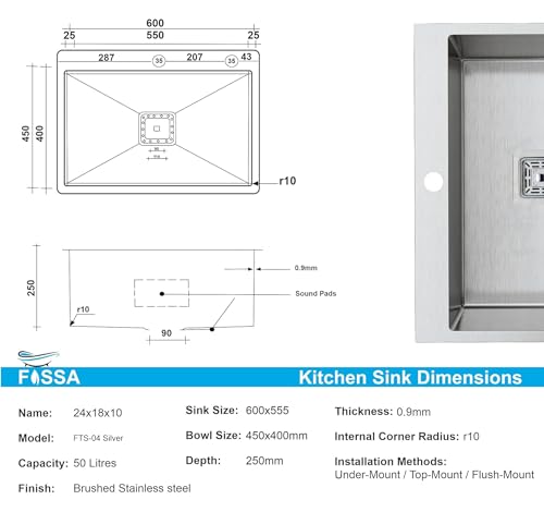 Image of Fossa 24 inchx18 inchx10 inch Single Bowl Handmade Kitchen Sink with Tap Hole - Premium Stainless Steel, Durable & Stylish Design, Easy to Clean, Rust-Resistant, Kitchen Sink for Countertop, Silver (Matte Finish)