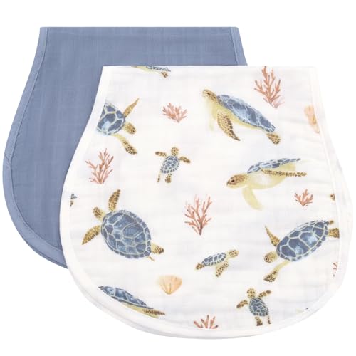LifeTree Muslin Baby Burp Cloths - 2 Pack 70% Viscose from Bamboo and 30% Cotton Large 22'' by 10.6'' Absorbent Milk Spit Up Rags - Burping Cloths for Newborn, Girls Boys, Sea Turtle & Solid Blue