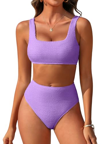 Image of ANRABESS Women' Two Piece Bikini Sets, High Waist Square Neck Swimsuits ,Ribbed Textured Comfy Bathing Suits,Beach Swim Wear