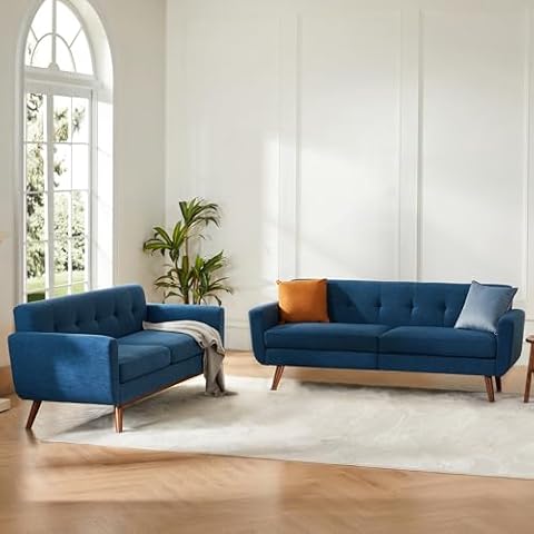 Kingfun Loveseat and Sofa Sets, Mid Century Modern Linen Love Seat Couches for Living Room, Button Tufted Upholstered Furniture, Easy to Install Small Couch for Bedroom, Office, Apartment, Blue Cover