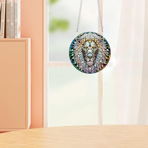 Image of Lion Diamond Painting Hanging Kit, DIY 5D Acrylic Pendant with Special Shaped Rhinestones, Lion Head Diamond Art Ornament for Wall, Door, or Garden Decoration, Handmade Craft Gift for Adults