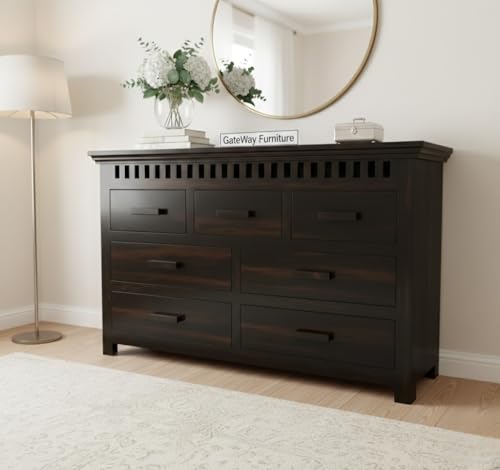 Image of GateWay Furniture Sheesham Wooden Chest of Drawers with 7 Drawers | Wood Dresser Storage Cabinet for Bedroom | Chest of Drawers Organizer for Living Room | Wooden Drawer Cabinet (Reck, Walnut Finish)