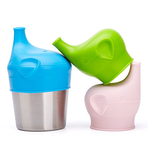 BBBiteme Baby Sippy Cup Lids - Spill Proof BPA Free Elephant Baby Universal Sipper Silicone Toddlers Sippy Lids Fit Any Cups(3 Replacement Silicone lids and 1 Stainless Steel Cup)