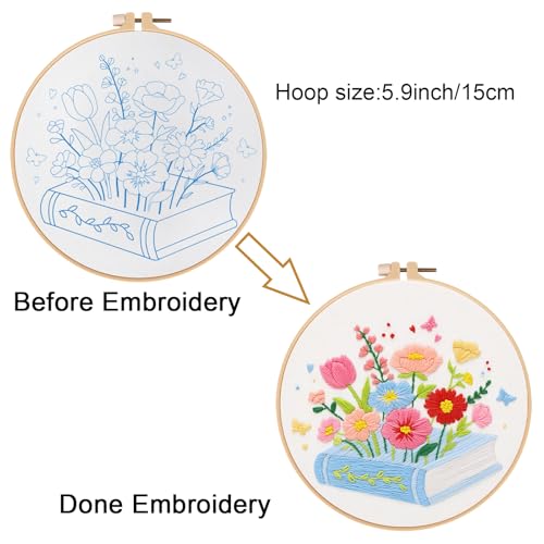 Image of Louise Maelys Floral & Book Embroidery Kit for Beginners DIY Craft Kit | Complete Needlepoint Kit with Embroidery Hoop, Printed Fabric, Color Threads, Needles and Instruction for Easy Hand Stitching