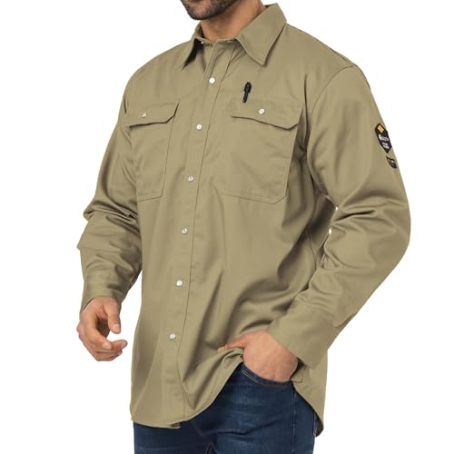 Image of JKSafety 7oz FR Shirts for Men Women ARC 2 Flame Resistant Welding Shirt Fire Retardant Button Up Shirt FR Clothing FRC Long Sleeve Safety Workwear (100R1-Khaki L)