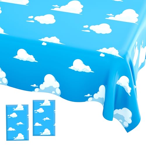 Image of Blue Sky and White Clouds Party Tablecloth, 2 PCS Cartoon Story Tablecloth, Disposable Plastic Rectangle Cartoon Table Cover for Boys Girls Baby Shower Picnic Birthday Party Decorations, 54x108 Inch