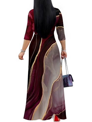 Image of Plus Size Dresses for Women Print Maxi Dresses 3 /4 Sleeve with Belt