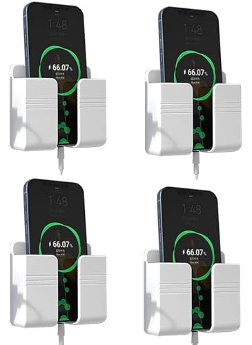 VOQO 4 Pcs Wall Mount Phone Holder Self Adhesive Phone Stand with Data Cable Receiving Hole, Charger Remote Control Storage Box for Bedroom, Kitchen, Bathroom, Office