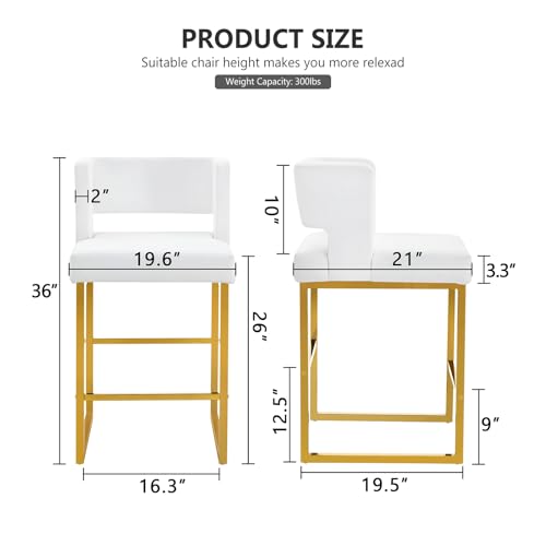Image of 26 inch H Bar Stools Set of 4 with Back, Faux Leather Counter Height Stools with Footrest, Square Metal Frame, Modern Upholstered Bar Chairs for Kitchen Island /Dining Room, White & Gold Legs