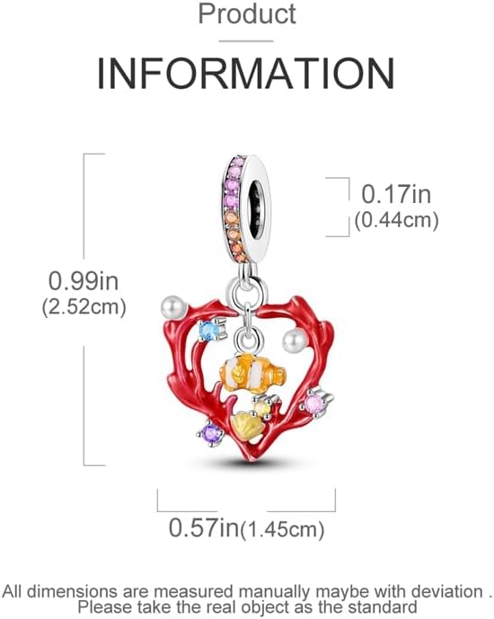 CYCUFF 925 Sterling Silver Charms Suitable for Bracelets Charms Beads, Charm Necklaces Jewellery Gift for Women Family Friends (Heart Coral Clown Fish Charm) - Image 4