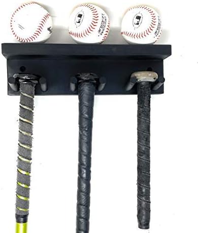 Wood Storage Large Full Size Bat Rack Holds 5 Bats and 3 Baseballs Black