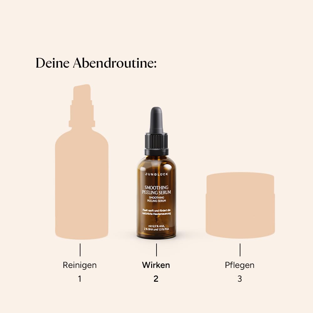 JUNGLÜCK Smoothing Peeling Serum – AHA 6,5%, BHA 2% & PHA 1,5% Gesichtspeeling mit 3-fach Säure-Komplex, für verfeinerte Poren & glatte, strahlende Haut, gegen Mitesser & Unreinheiten, 30ml