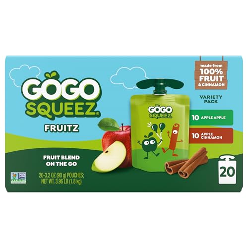 Image of GoGo squeeZ No Sugar Added Applesauce and Fruit Puree Variety Pack, Apple & Cinnamon, 3.2 oz Pouches (Pack of 20), Fruit Snacks for Kids, Gluten Free, Nut Free, Recloseable Cap, BPA Free