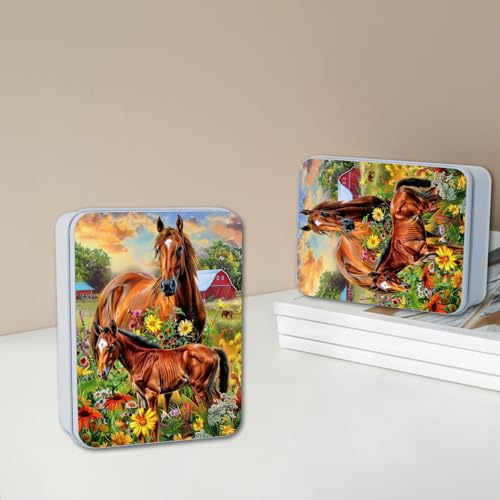 Image of Metal Tin Box with Lid for Game Cards Home Organizer Candles Keys Crafts Storage - Comes with 4 Magnetic Cord Clips,Horses and flowers