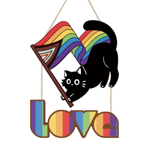 HOURIA Love Rainbow Black Cats Wood Hanging Sign 11.4*16LGBTQ Gay Lesbian Pet Door Hanger Bisexual LGBT Pride Month Wreath Decorations for Front Door Office Home Party Indoor Outdoor