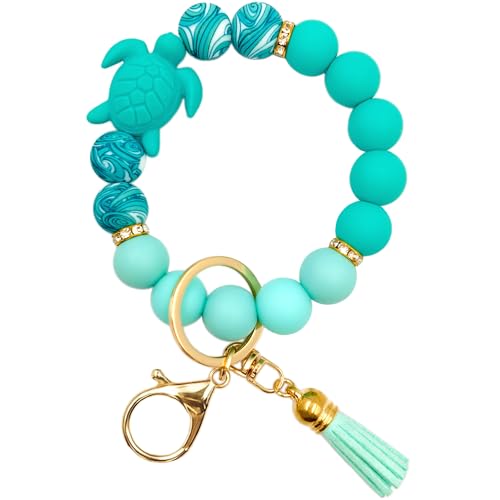 SHINYHARBOR Cute Silicone Beaded Sea Turtle Keychain Wristlet for WomenOcean Key Chain with Turtle Charm Perfect Beach Gifts Birthday Gifts for Mama Grandma Wife Girlfriend Green
