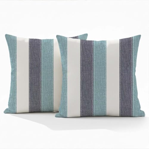 Housse de Coussin 45x45 cm Blanc à rayures Bleu Denim Turquoise Taies Décoratif Taie d'oreiller Decoration Boheme Housse Coussin pour Canapé Divan ou...