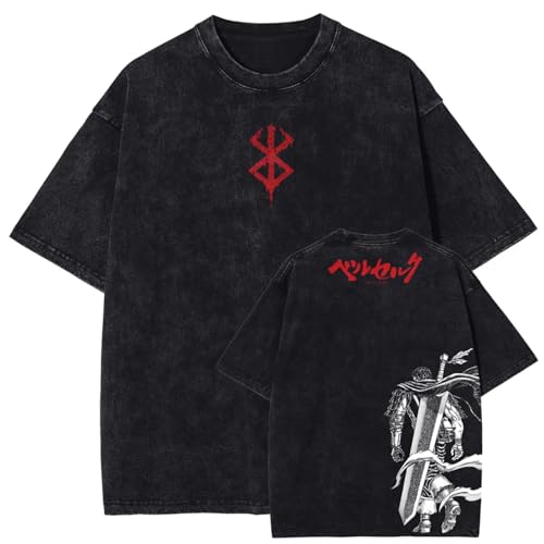 Anime Camisetas Berserk Guts Gráficos Camiseta Hombres Algodón Manga Corta Unisex Vintage Lavado Camisetas Verano Oversized Streetwear