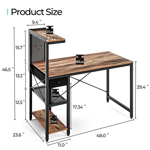 Linsy Home Computer Desk 47”, Home Office Desk With Storage Shelves, Pc Gaming Desk With Pegboards, Reversible Small Writing Study Desk, Rustic Brown #TOP6