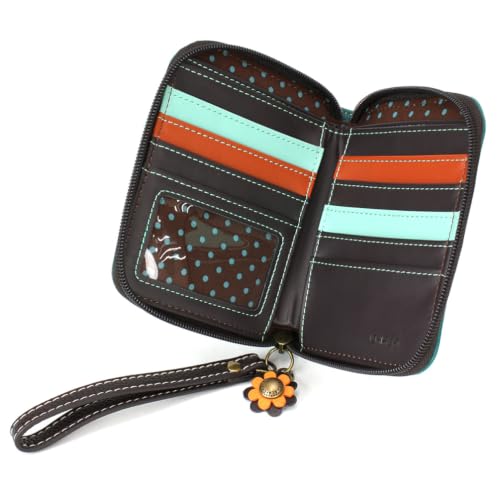Image of CHALA Zip Around Wallet, Wristlet, 8 Credit Card Slots, Sturdy Pu Leather - Black Cat - turquoise