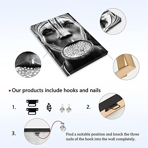 Wall Art Canvas Print Poster Black And White African Lip Plate Woman Canvas Painting African Woman Oil Painting Contemporary Artwork For Home Decoration Office Kitchen Wall Decor (Set Of 1 Framed, 08X12Inch) #TOP1