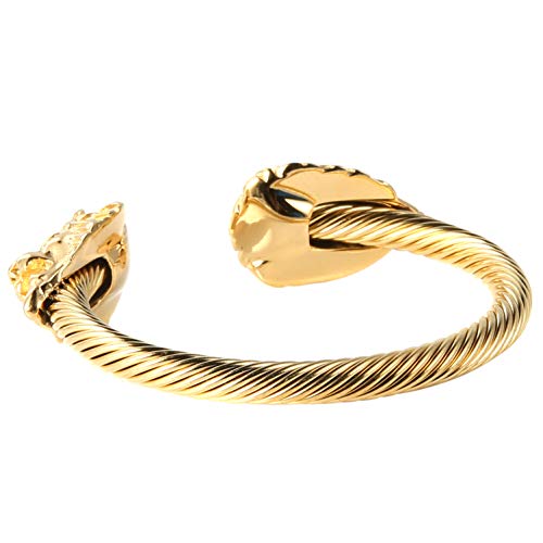 Hzman Mens Lion Cz Eyes Bracelet Cable Wire Bangle Stainless Steel Gold Plated Biker Punk（Gold） #TOP3