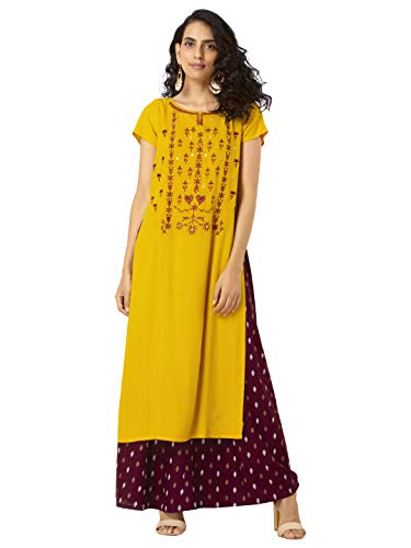 Image of Indya Yellow Maroon Embroidered Double Layered Tunic