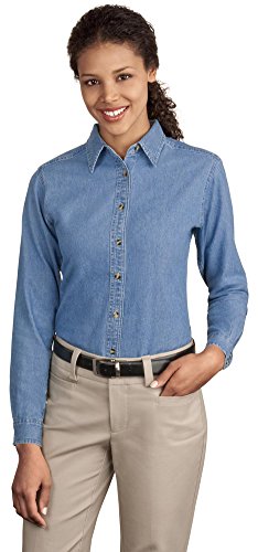 Port & Company Ladies Long Sleeve Value Denim Shirt, L, Faded Blue