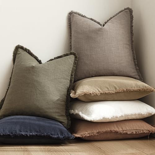 Image of Foindtower Set of 2 Decorative Linen Fringe Throw Pillow Covers Boho Farmhouse Cushion Cover with Tassels Accent Pillowcase for Couch Chair Sofa Bed Living Room Home Decor,22x22 Inch,Brown Tan