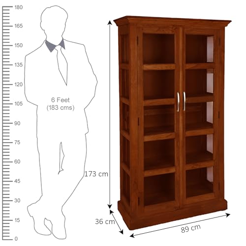 Image of The Attic Havenwood Wooden Bookshelf and Crockery Cabinet with Glass Door | Wooden Book Rack for Home Library, Study Room | Bookshelf Crockery Unit for Home & Kitchen Living Room | Honey Finish