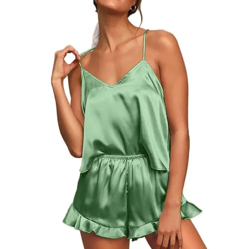Chemise de nuit satin vert menthe L ensemble deux pièces pyjama sexy pour femme