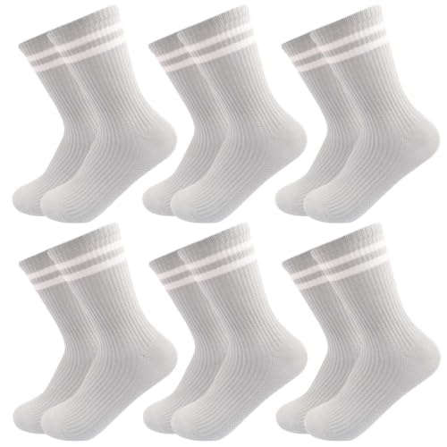Image of 6 Pairs Solid Color Retro Striped Crew Socks for Women Girls