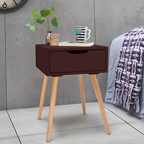 Image of Storage Nightstand Mid-Century Modern Bedside Table with Solid Wood Legs Minimalist and Practical End Side Table- 1 Drawer-Brown
