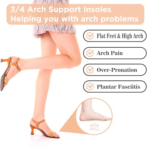 Image of 3 /4 High Heel Cushion Insoles, Self-Adhesive Arch Support Inserts for Flat Feet and Arch Pain Relief, Gel Shoe Inserts for Sandal, Flats and High Heels (2 Pairs, Apricot+Black, Women's 5-8.5)