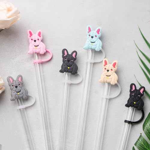 6Pcs French Bulldog Straw Cover Cap for Stanley Cup 40oz/30oz Tumbler, 10mm Reusable Cute Drinking Straw Topper Accessories, Portable Protector Plugs Decorations Gifts — view 5