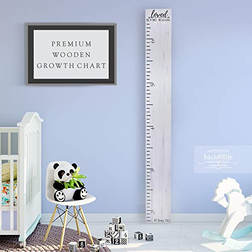 Back40Life Wooden Kids Growth Chart Ruler for Boys and Girls (No Tippy Toes - Loved Beyond Measure) (Weathered White)