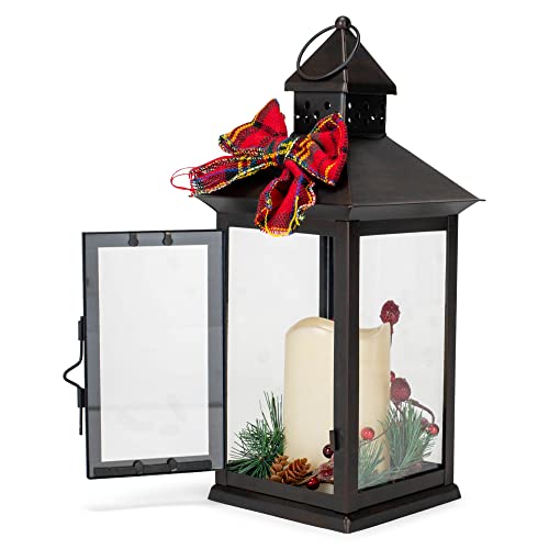 Image of Mark Feldstein & Associates All Season Interchangeable Wreaths Black 13.5 inch Iron Holiday Candle Lantern