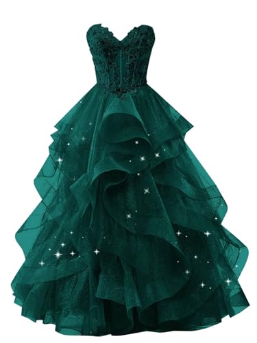 Glitter Tulle Prom Dresses Tiered Ruffle Strapless Sweetheart Teal Lace Prom Dress for Teens US 0